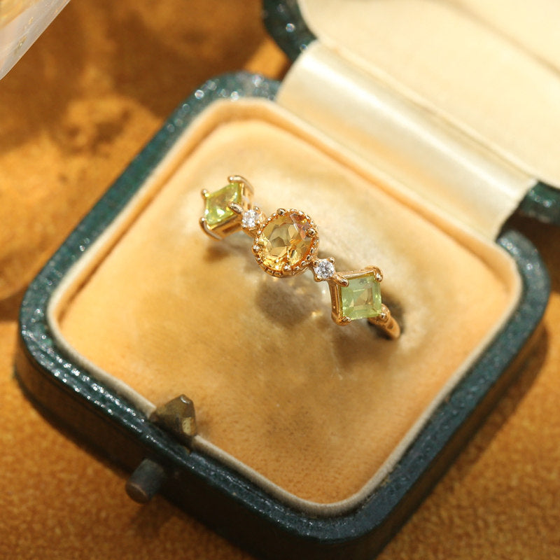 Original Citrine Ring for Women: Silver-Plated Gold Vintage Peridot Open-Finger Ring