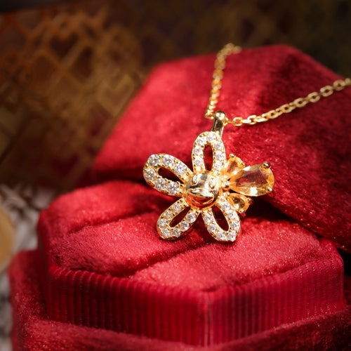 Original Citrine Necklace in Gold-Plated Silver with Diamonds