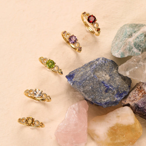 “Five Planets Ring” Original Natural Colored Gemstone Energy Ring with Diamonds