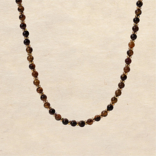 Short Collar Necklace with Natural Tiger's Eye Beads, Silver with Gold Plating
