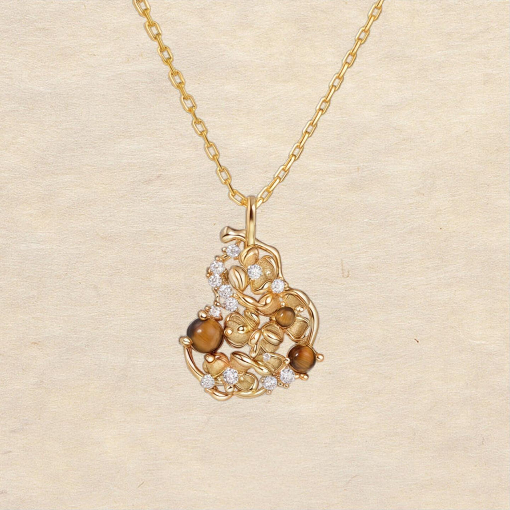 Original New Chinese-Style Osmanthus-Motif Gold Gourd-Shaped Tiger's Eye Necklace with Gold-Plated Silver