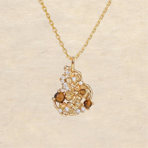 Original New Chinese-Style Osmanthus-Motif Gold Gourd-Shaped Tiger's Eye Necklace with Gold-Plated Silver