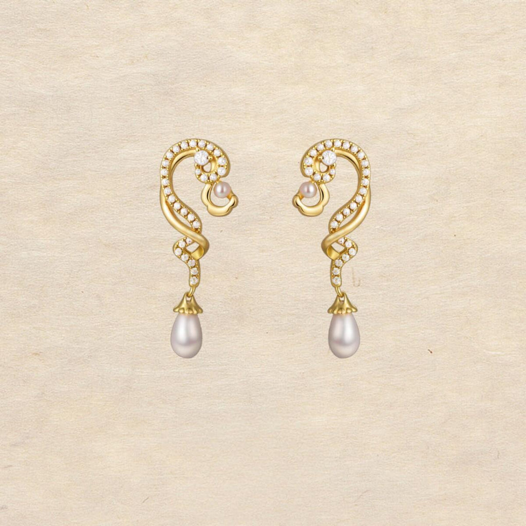 Original Chinese-Style Freshwater Pearl Cloud Stud Earrings in Gold-Plated Silver with Diamond Accents