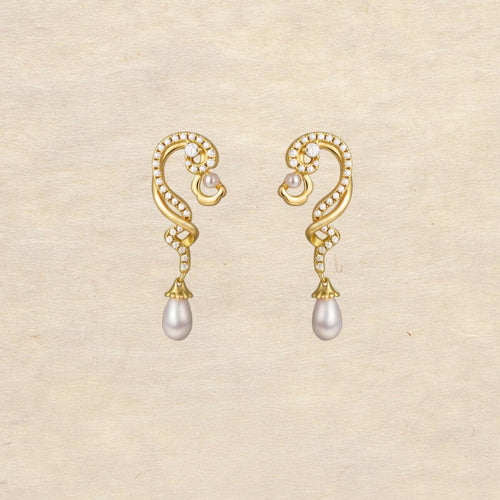 Original Chinese-Style Freshwater Pearl Cloud Stud Earrings in Gold-Plated Silver with Diamond Accents