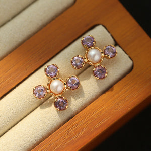 Original Four-Leaf Clover Amethyst and Pearl Stud Earrings