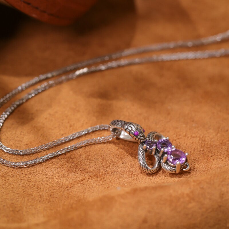 Original Design Slytherin Snake Necklace in Sterling Silver with Amethyst