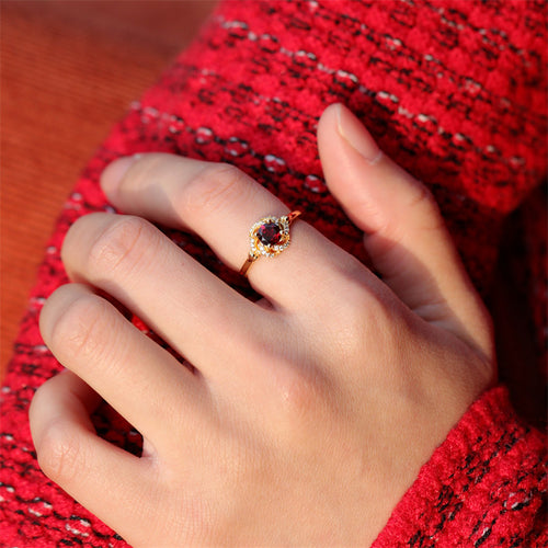 Rose Nebula Original Design Red Garnet Ring, Silver with Gold Plating