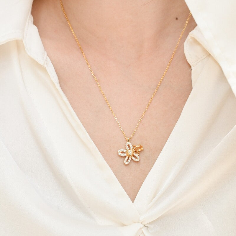 Original Citrine Necklace in Gold-Plated Silver with Diamonds