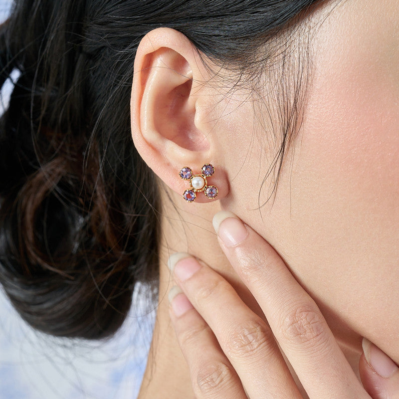 Original Four-Leaf Clover Amethyst and Pearl Stud Earrings