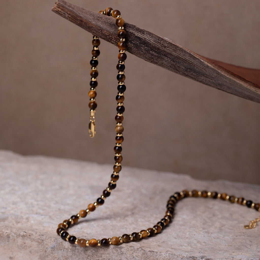 Short Collar Necklace with Natural Tiger's Eye Beads, Silver with Gold Plating