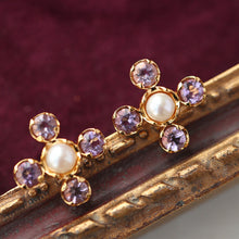 Load image into Gallery viewer, Original Four-Leaf Clover Amethyst and Pearl Stud Earrings