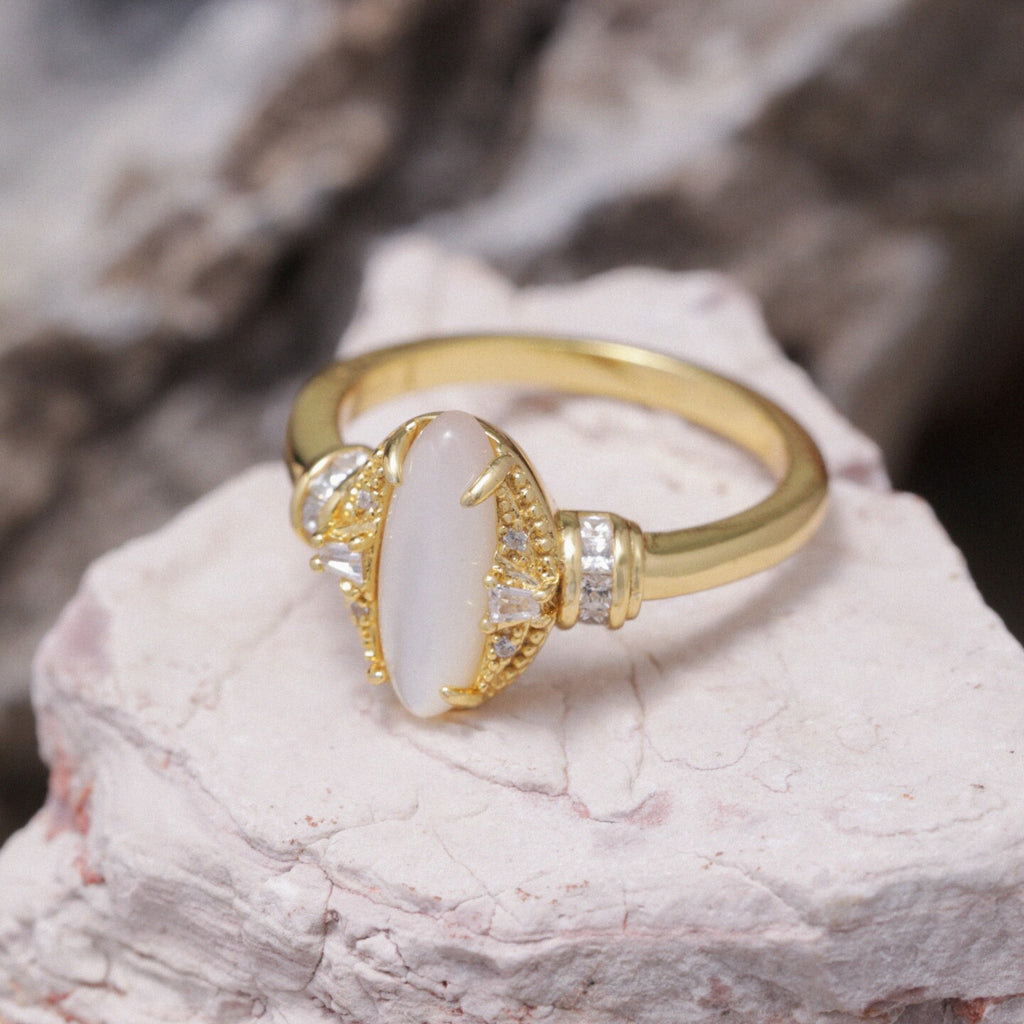 Original Design White Pearl Ring in Gold-Plated Silver with Diamonds