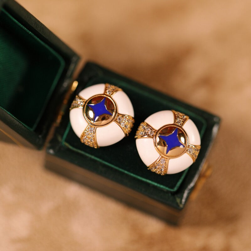 “Eye of Providence” Original White Turquoise Enamel Vintage Earrings