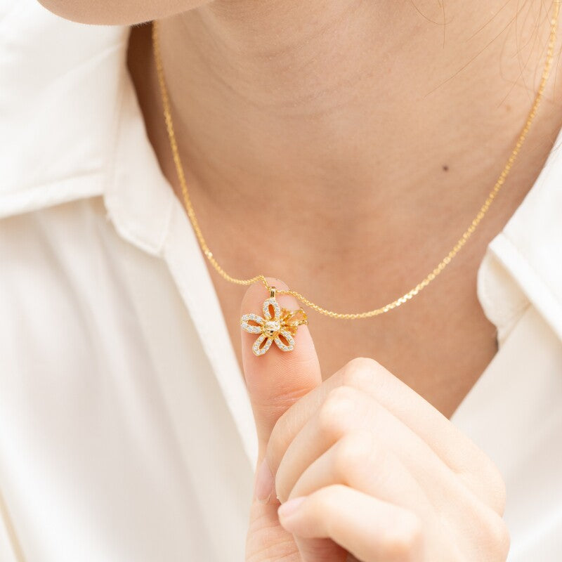 Original Citrine Necklace in Gold-Plated Silver with Diamonds