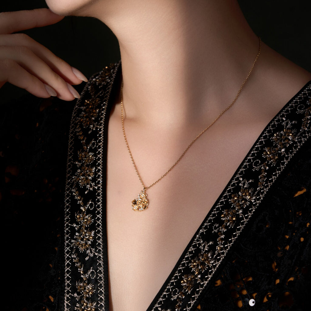 Original New Chinese-Style Osmanthus-Motif Gold Gourd-Shaped Tiger's Eye Necklace with Gold-Plated Silver