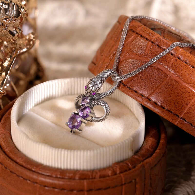 Original Design Slytherin Snake Necklace in Sterling Silver with Amethyst