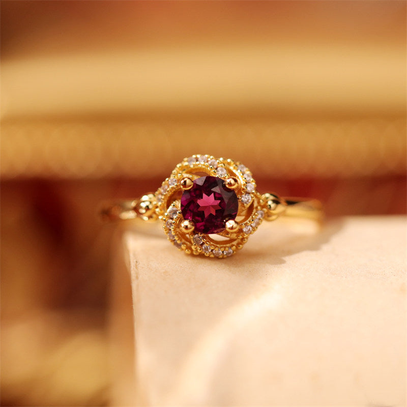 Rose Nebula Original Design Red Garnet Ring, Silver with Gold Plating