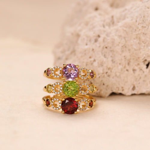 “Five Planets Ring” Original Natural Colored Gemstone Energy Ring with Diamonds