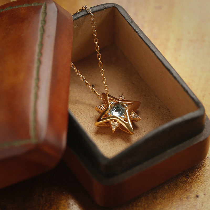 Original Blue Topaz Necklace, Silver with Gold Plating, Vintage Style