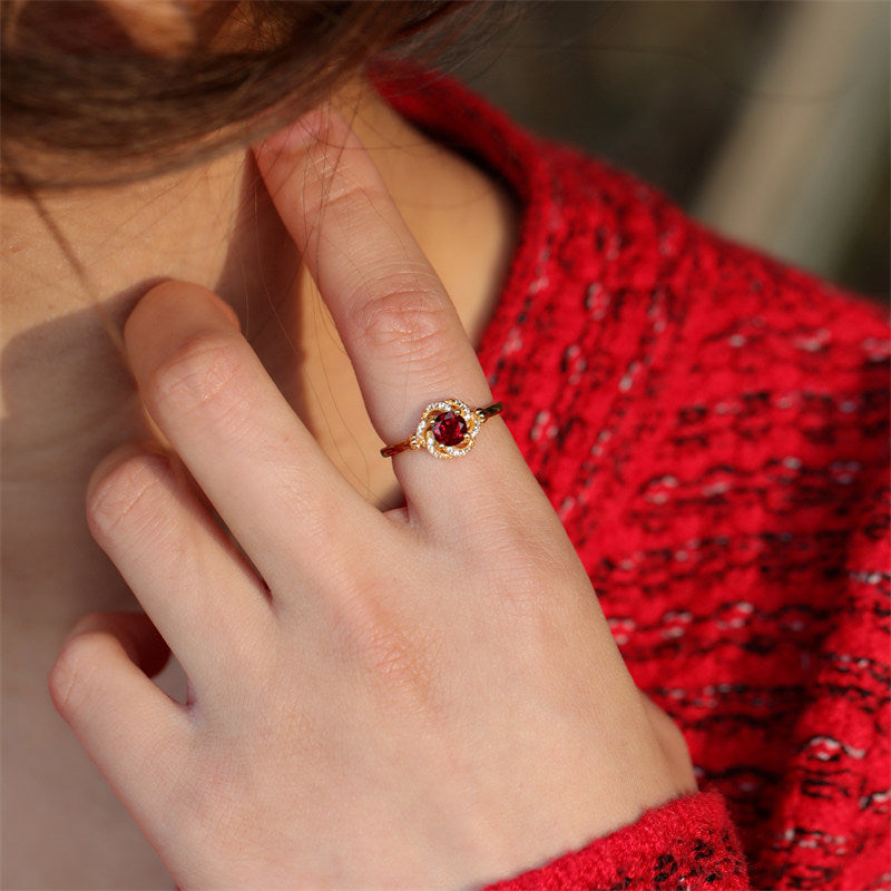 Rose Nebula Original Design Red Garnet Ring, Silver with Gold Plating
