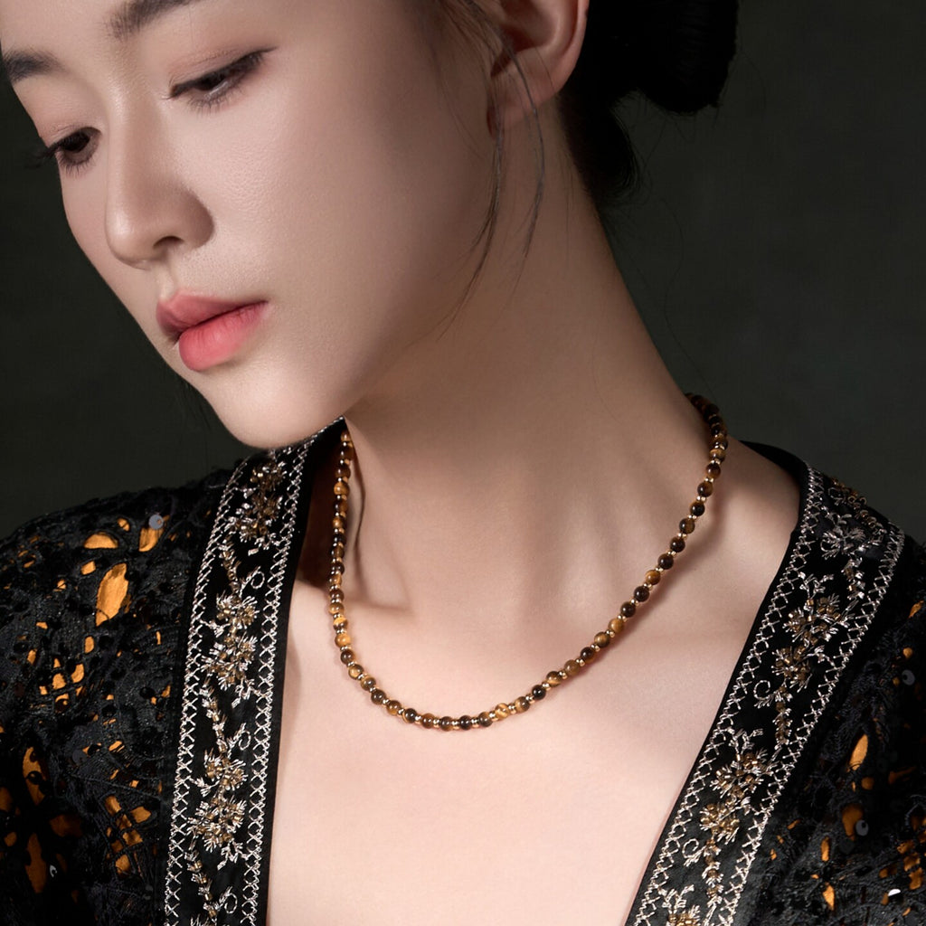 Short Collar Necklace with Natural Tiger's Eye Beads, Silver with Gold Plating