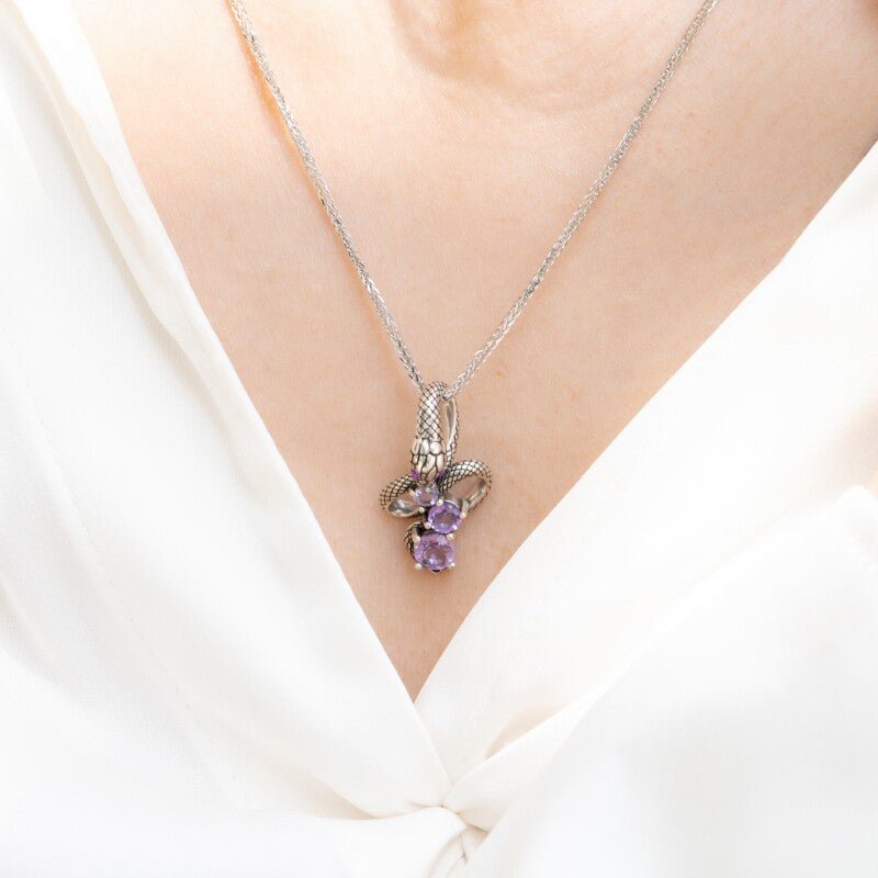 Original Design Slytherin Snake Necklace in Sterling Silver with Amethyst