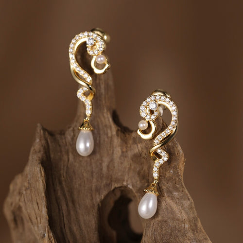 Original Chinese-Style Freshwater Pearl Cloud Stud Earrings in Gold-Plated Silver with Diamond Accents