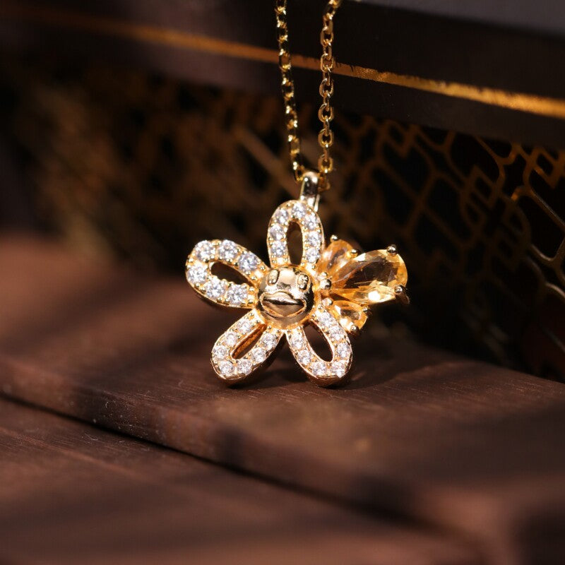 Original Citrine Necklace in Gold-Plated Silver with Diamonds