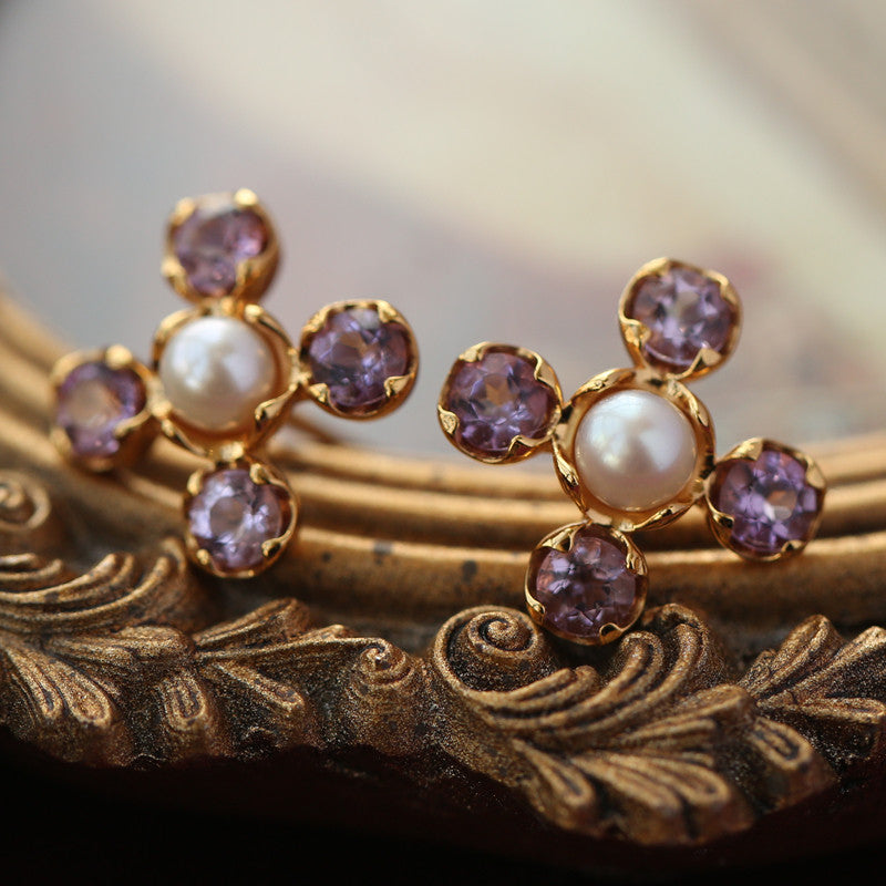 Original Four-Leaf Clover Amethyst and Pearl Stud Earrings
