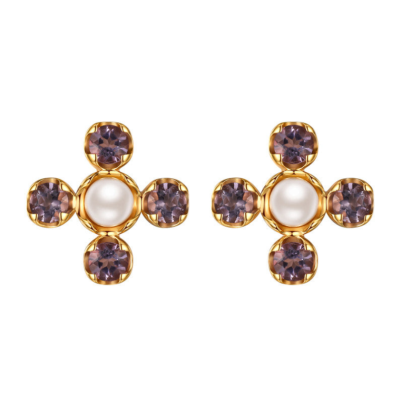 Original Four-Leaf Clover Amethyst and Pearl Stud Earrings