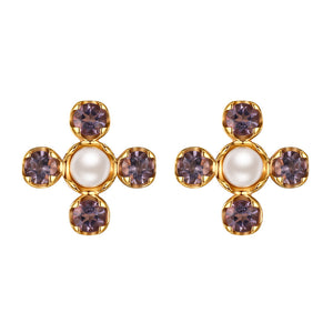 Original Four-Leaf Clover Amethyst and Pearl Stud Earrings