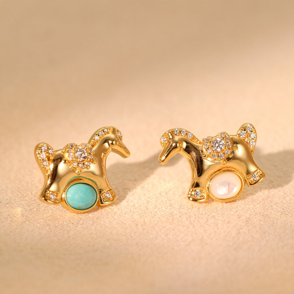 Original Asymmetrical Pony Ear Studs with Silver Pins and Turquoise