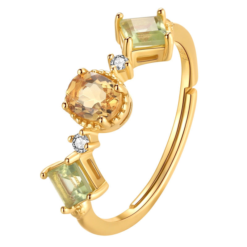 Original Citrine Ring for Women: Silver-Plated Gold Vintage Peridot Open-Finger Ring
