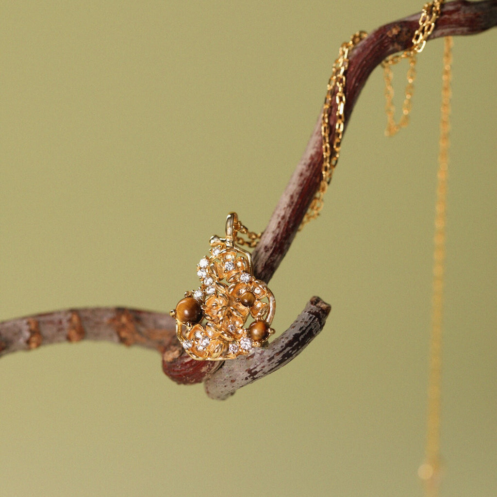 Original New Chinese-Style Osmanthus-Motif Gold Gourd-Shaped Tiger's Eye Necklace with Gold-Plated Silver