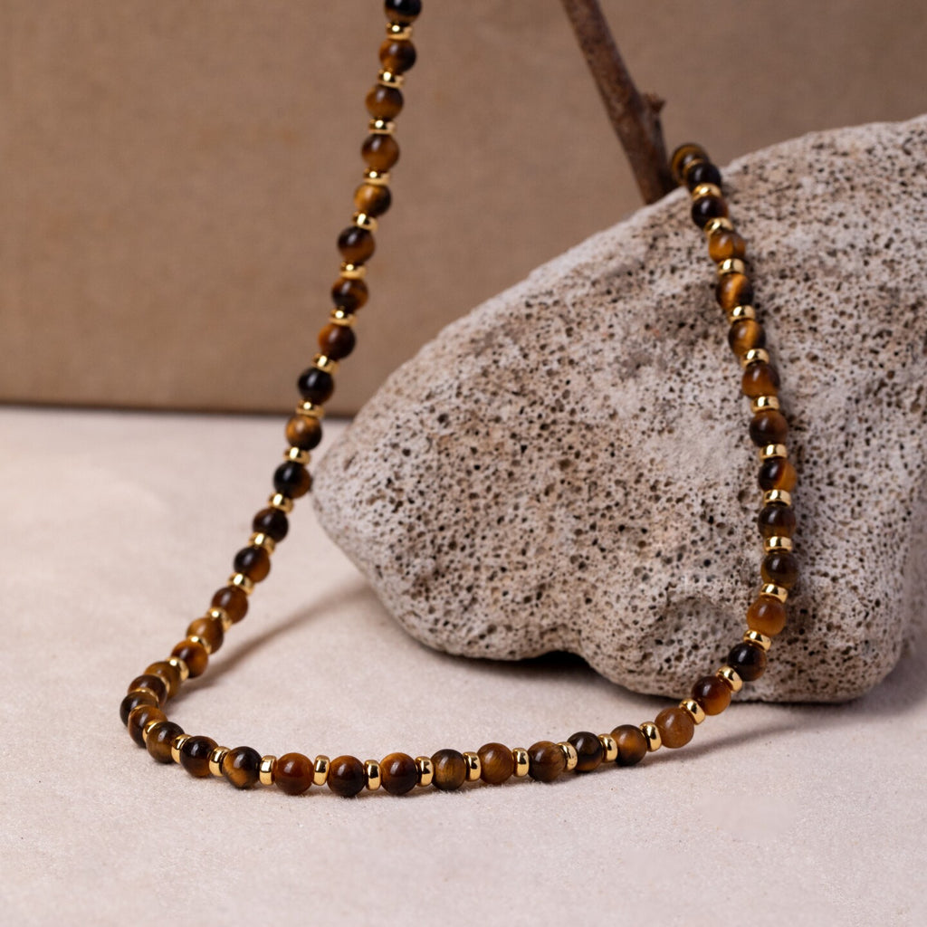 Short Collar Necklace with Natural Tiger's Eye Beads, Silver with Gold Plating