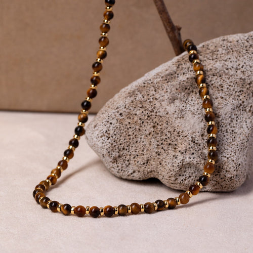 Short Collar Necklace with Natural Tiger's Eye Beads, Silver with Gold Plating