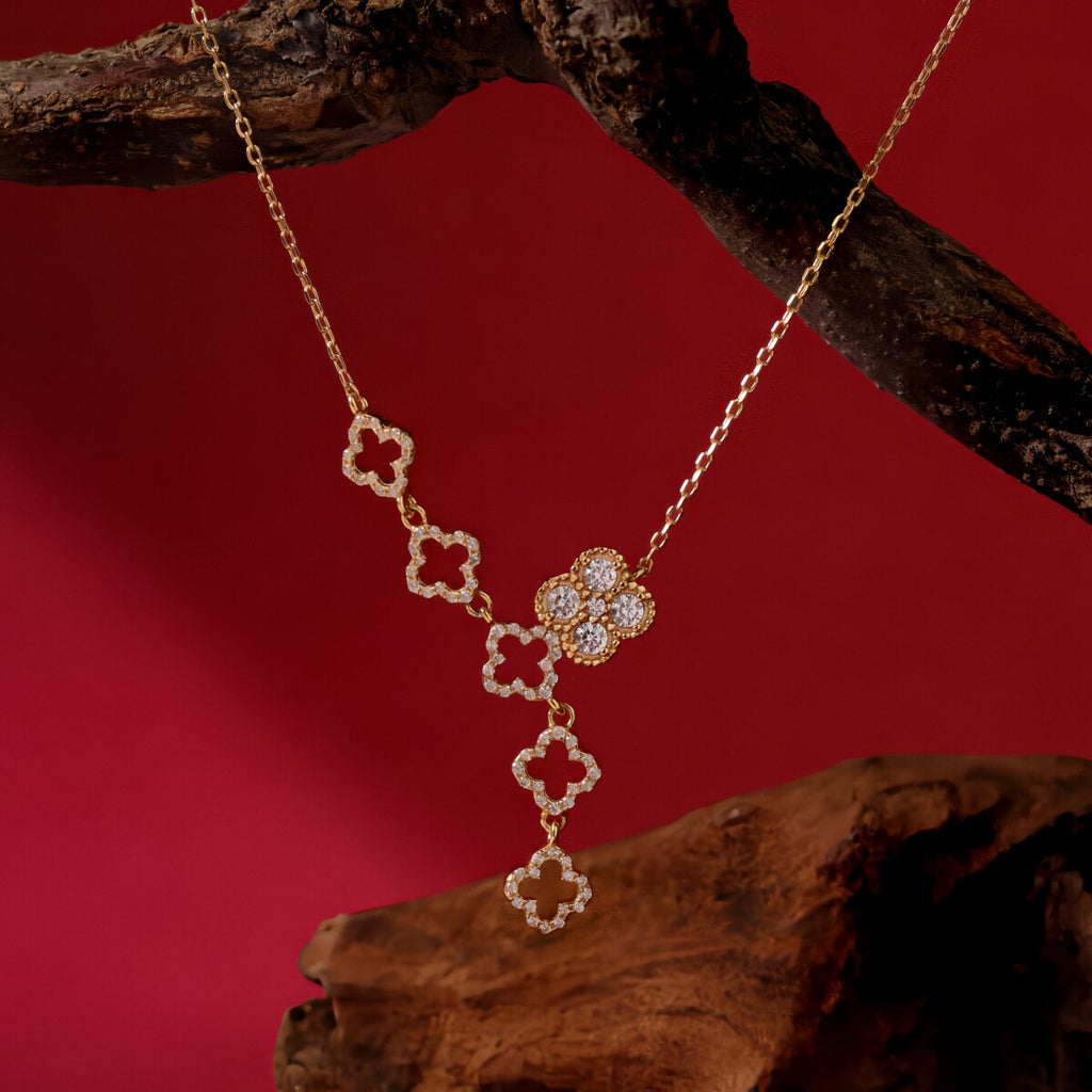 Original Chinese-Style Four-Leaf Clover Lucky Necklace, Silver with Gold Plating